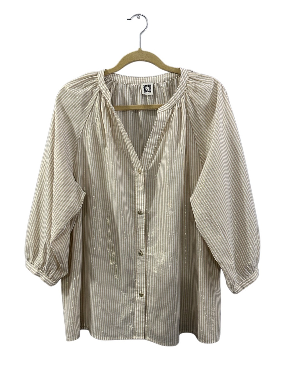 Anne Klein Metallic Stripe Peasant Blouse Cream with Gold Shimmer Balloon Sleeve